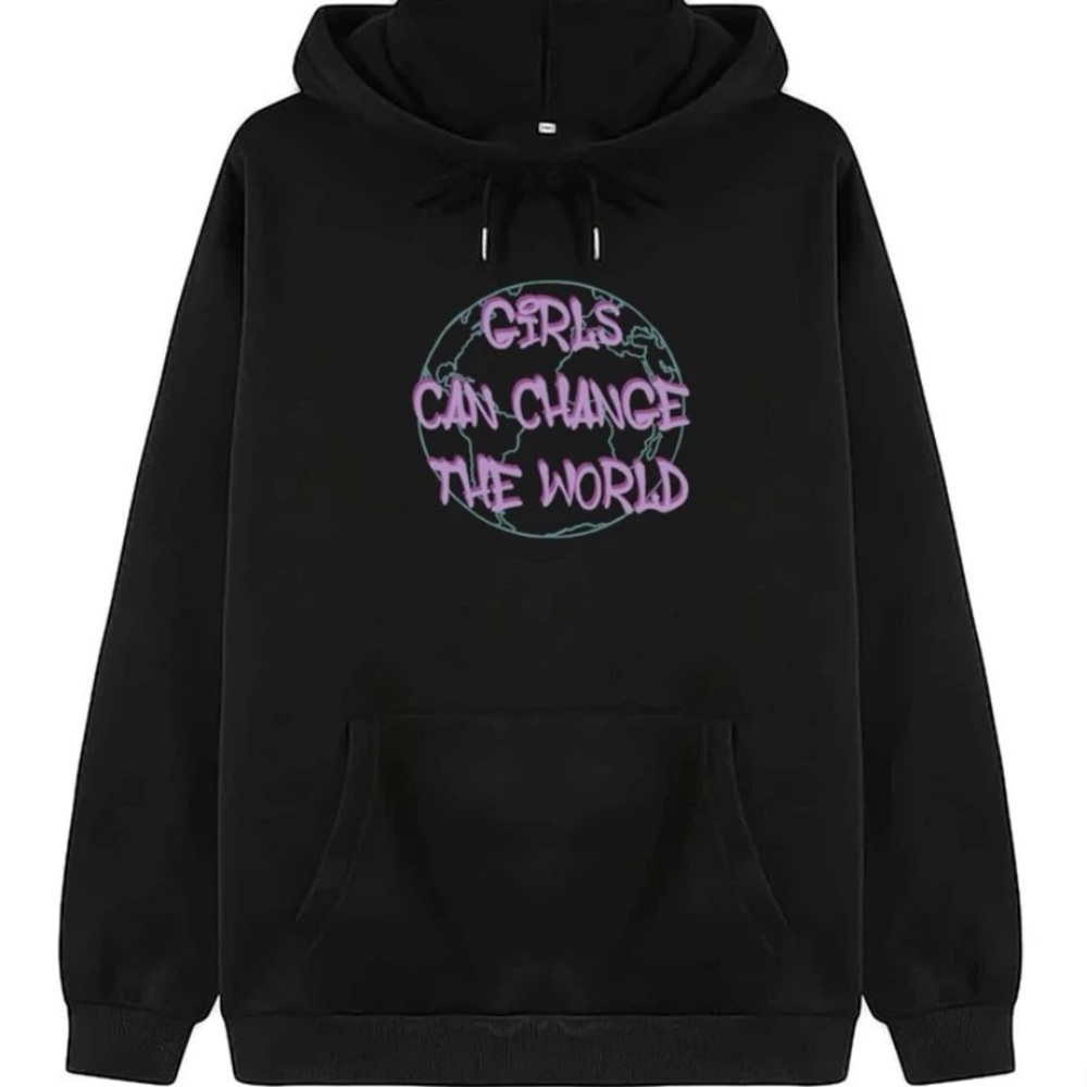 Womens SHEIN Girls Can Change The World Black Drawstring Hoodie Size L 8/10